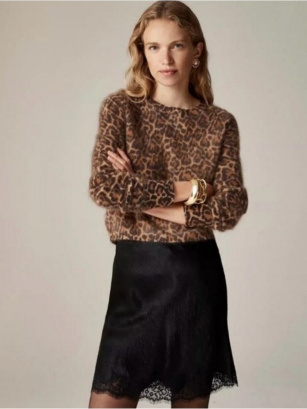 J.Crew Brushed Cashmere Shrunken Crewneck Sweater in Leopard Print